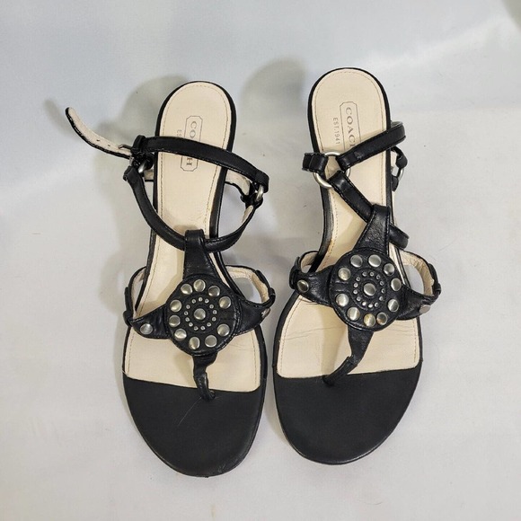 COACH Harper Black Leather Silver Stud Slingback Wedge Sandals Size 8.5 - Picture 6 of 10